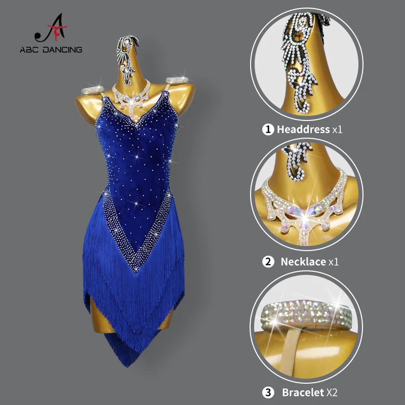 Blue Velvet Latin Dance Dress Performance Women Female Clothes Tassels Sexy Short Skirts Ball Adult Prom Practice Wear Customize