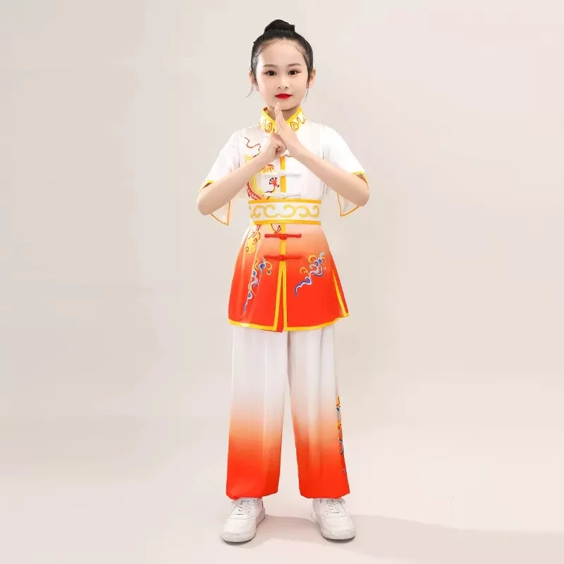 2024 pakaian wushu tradisional Cina untuk anak-anak seragam seni bela diri setelan kung fu naga cetak kostum penampilan panggung set