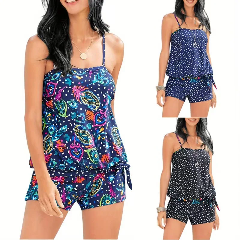 스트랩이 있는 투피스 수영복 보수적 오프 숄더 여성 수영복 Tankini 클래식 수영복