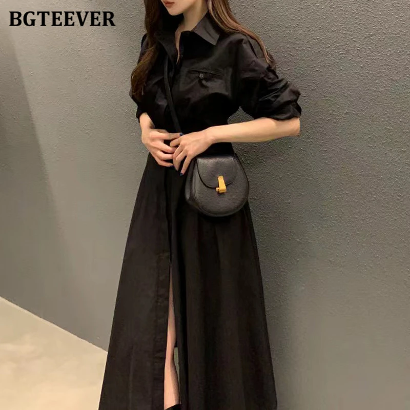 BGTEEVER Spring Vintage Lapel Long Sleeve Female A-line Dress Stylish Elastic Waist Single-breasted Midi Dress for Women