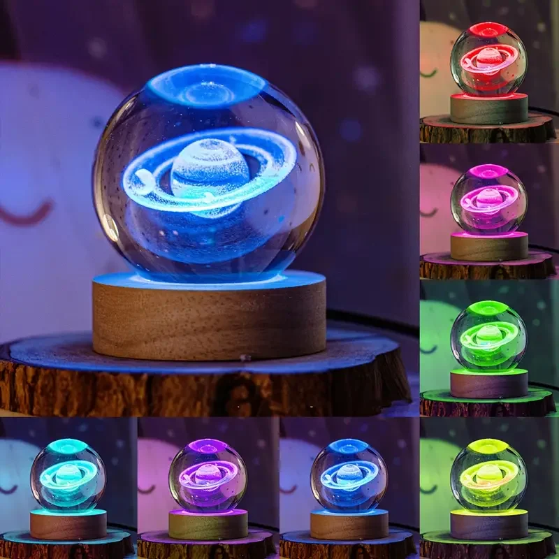 1pc 3D interior sculpted Saturn illuminated crystal ball ornament with colorful wood base, nightlight, indoor tabletop, birthday