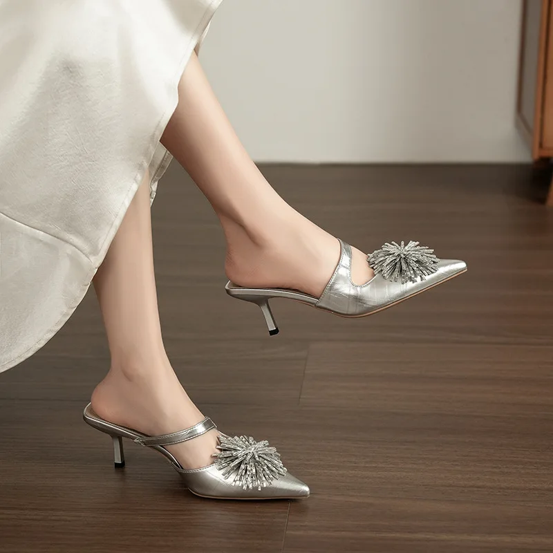 Grid Pattern Pointed Rhinestone Fine Heel Semi Drag Women's French Light Luxury Banquet Wear Baotou High Heels Cool Drag