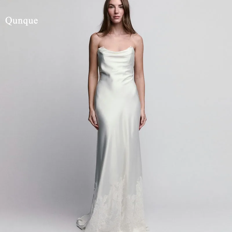 Qunque Strapless Satin Wedding Dresses Cowl Neck Lace Hem Details Bridal Gowns Delicate Ribbons Vestido De Novia Boda Customized