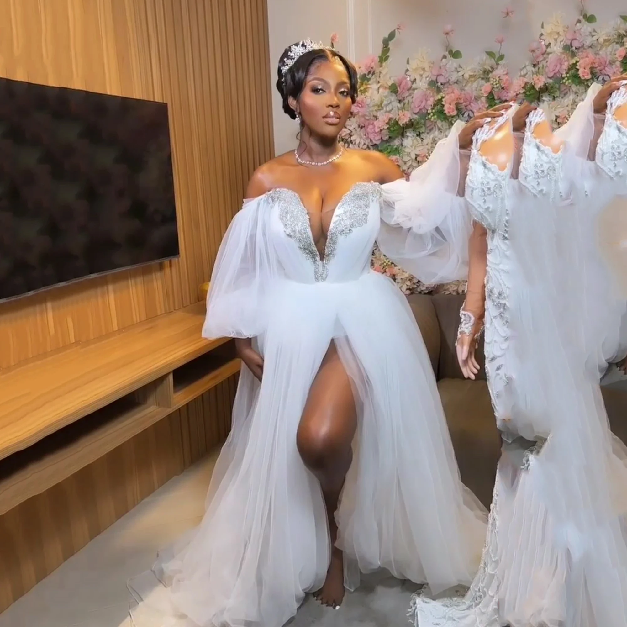 Ivory Wedding Bride Robes Off Shoulder Long Sleeve Side Split Tulle  Rhinestone Africa Bridal Shower robes de mariee Customized - AliExpress 320
