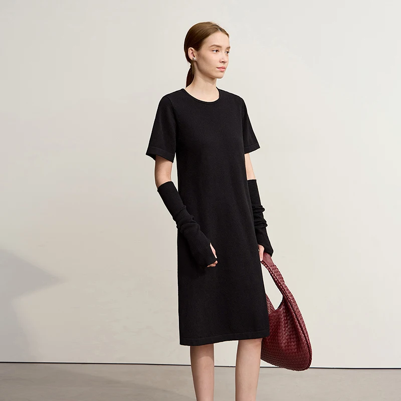 Amii Womens Dresses 2025 Winter New Minimalist Round Neck Loose Elastic Short Sleeves Knitted Wool Dresses For Woman 12544053