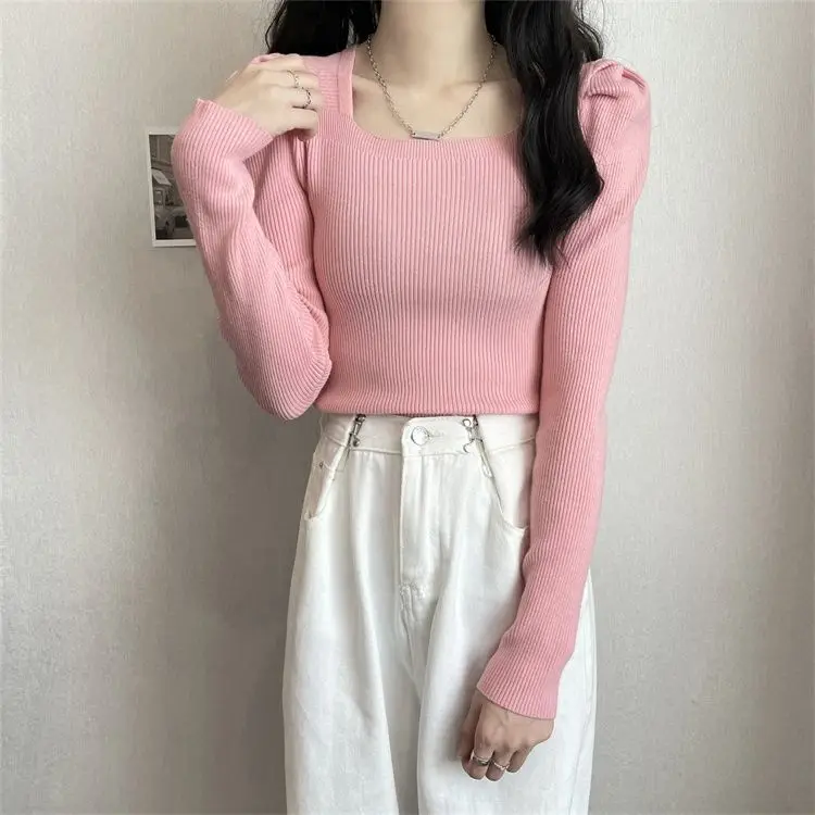 Square Collar Base Sweater for Women Unique Autumn and Winter Knitted Collarbone Low Neck Sweater Short Black Bubble Sleeve