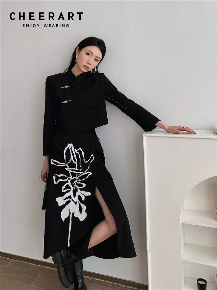 CHEERART Vintage Blazer Skirt 2 Piece Sets Women Outfit Spring Black Jackets And Skirts Contrast Stitch Fashion 2023 Outfit