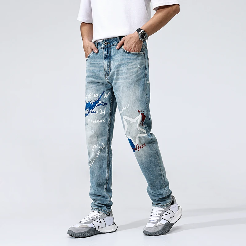 

Street Designer Fashion Men Jeans High Quality Retro Light Blue Straight Slim Fit Printed Jeans Men Hip Hop Vintage Denim Pants