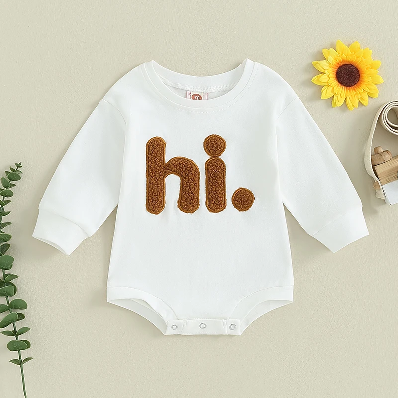 2023-08-03 Lioraitiin 0-18M Infant Baby Girls Casual Bodysuit Crewneck Beige Long Sleeve Fuzzy Letter Embroidery Playsuit