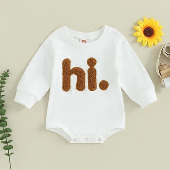 2023-08-03 Lioraitiin 0-18M baby baby meisjes casual bodysuit ronde hals beige lange mouw fuzzy letter borduurwerk playsuit