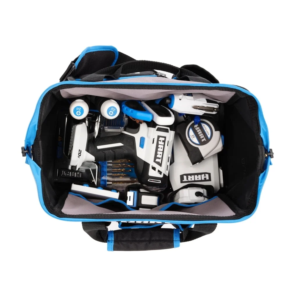 Bolsa de herramientas duradera de fondo duro de 12 pulgadas, resistente al agua, 30 bolsillos, cremalleras dobles, asas acolchadas, almacenamiento multiusos