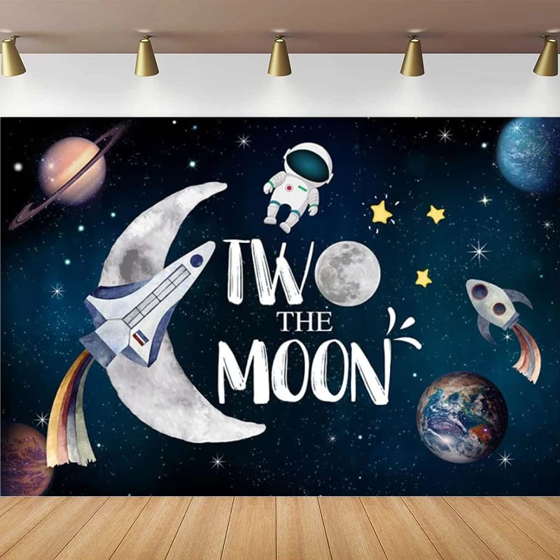 Due la luna Fotografia Bckdrop Spazio esterno Ragazzo 2° compleanno Sfondo Universo Galassia Cielo Pianeta Stelle Decorazioni per feste Banner