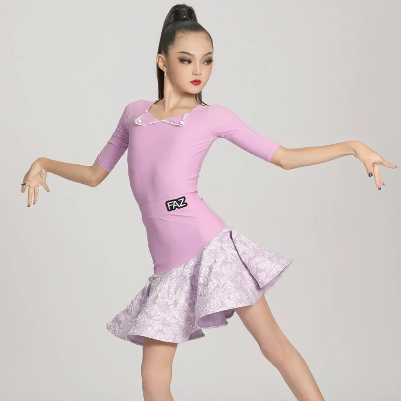 

THEEPER Latin Dance Dress Set, Lavender Purple 3/4 Sleeve Floral Skirt for Ballroom Latin Practice Wear, Salsa Training Outfit