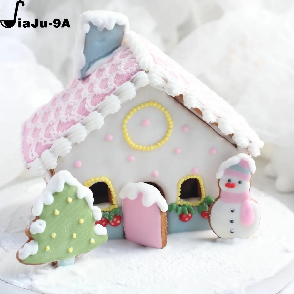 Molde de casa de jengibre de Navidad 3D, juego de cortadores de galletas de plástico, molde para galletas DIY, pastel de pastelería, sello,