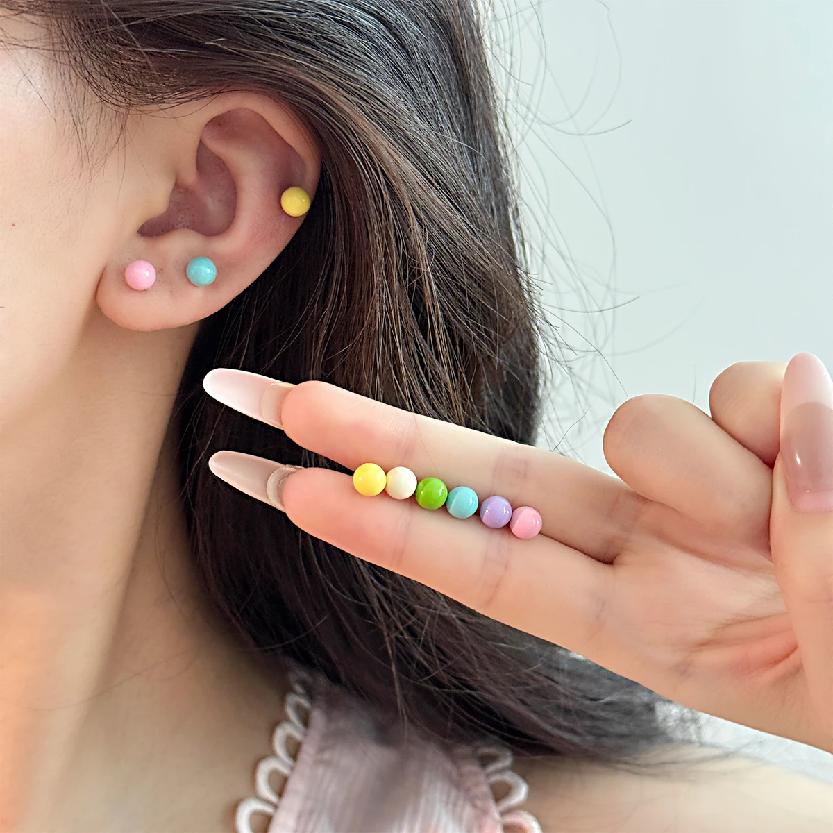 Pendientes de dopamina simples de 6 piezas para mujer, uñas de oreja de frijol de colores macarrón fresco, nueva colección de otoño e invierno