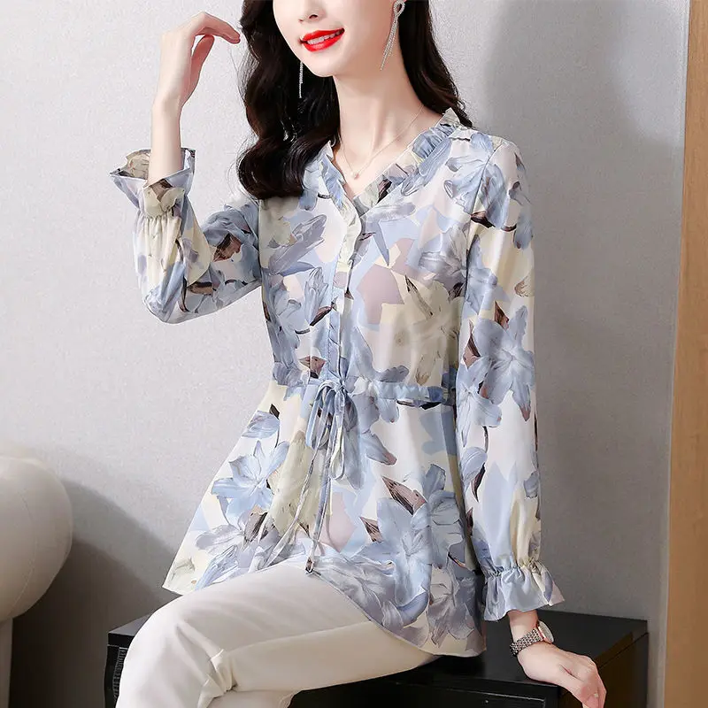 Fashion Chiffon V-Neck Floral Blouse 2023 Autumn Elegant All-match Shirring Lace Up Flare Sleeve Printed Shirt Women's Clothing