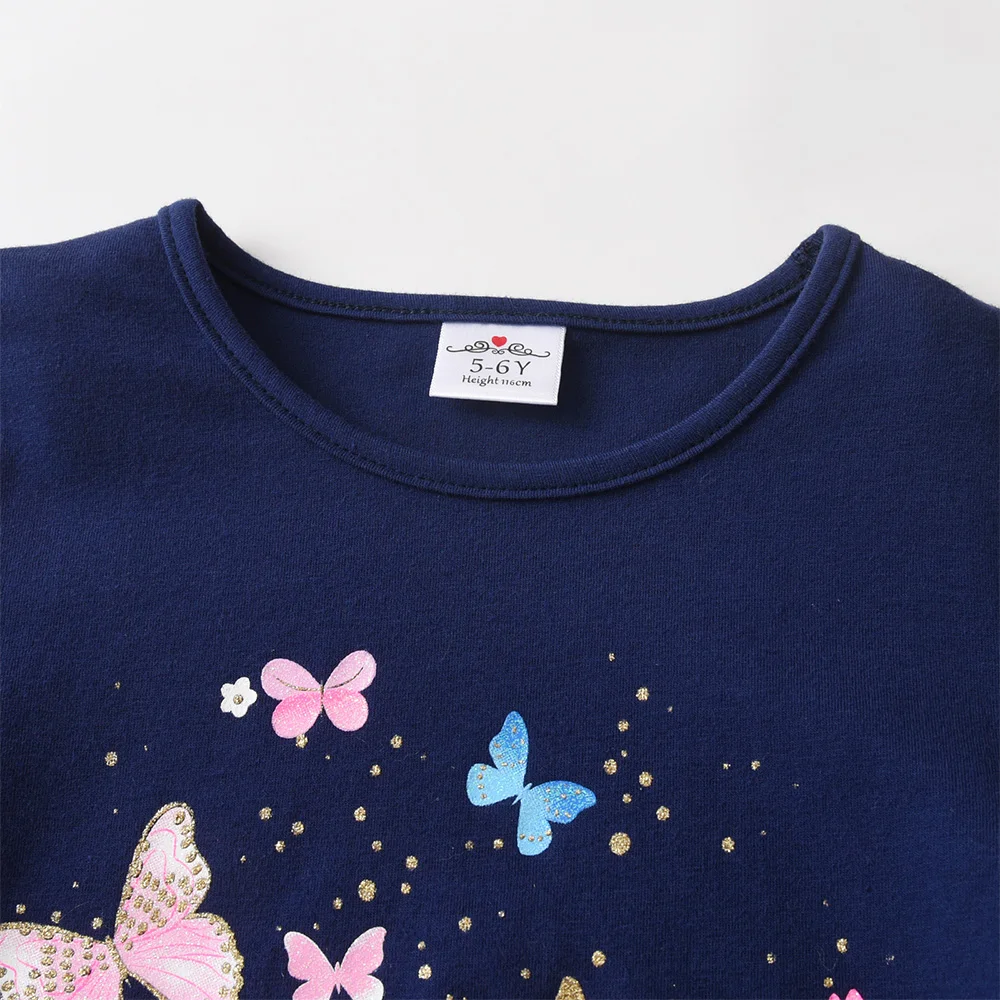 VIKITA Girls Butterfly Cartoon Print Navy Blue T Shirts Kids Cotton Casual Daily Striped Long Sleeve O Neck Tees Kids Clothes