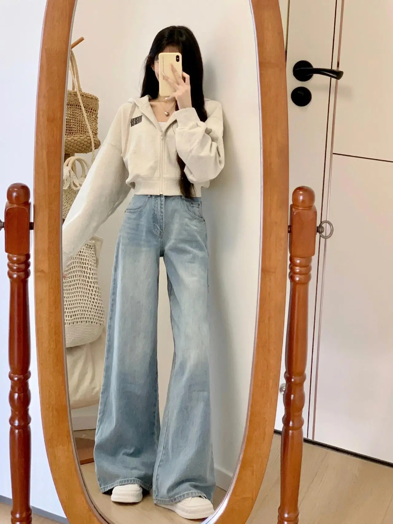 

American Retro Light Wash High Waist Wide Leg Jeans Women's Spring Autumn Loose Slim Straight Floor-Length Pants