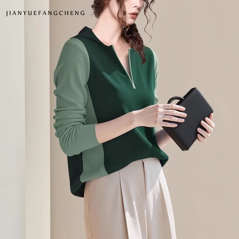 Color Blocking Women' V neck Long Sleeve Hoodies Pullovers Loose-fitting Fall Winter New Sports Casual Knit Hoody Tops