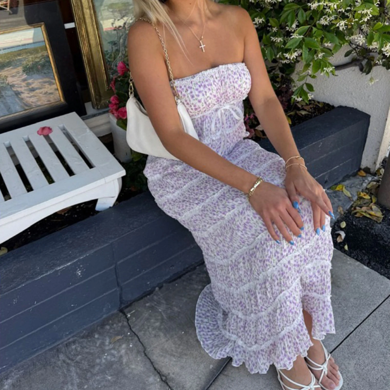 Vestido feminino em camadas, sem alças, tubo franzido, sólido/floral, ombro de fora, sem mangas, costas nuas, vestido longo para festa diária, praia