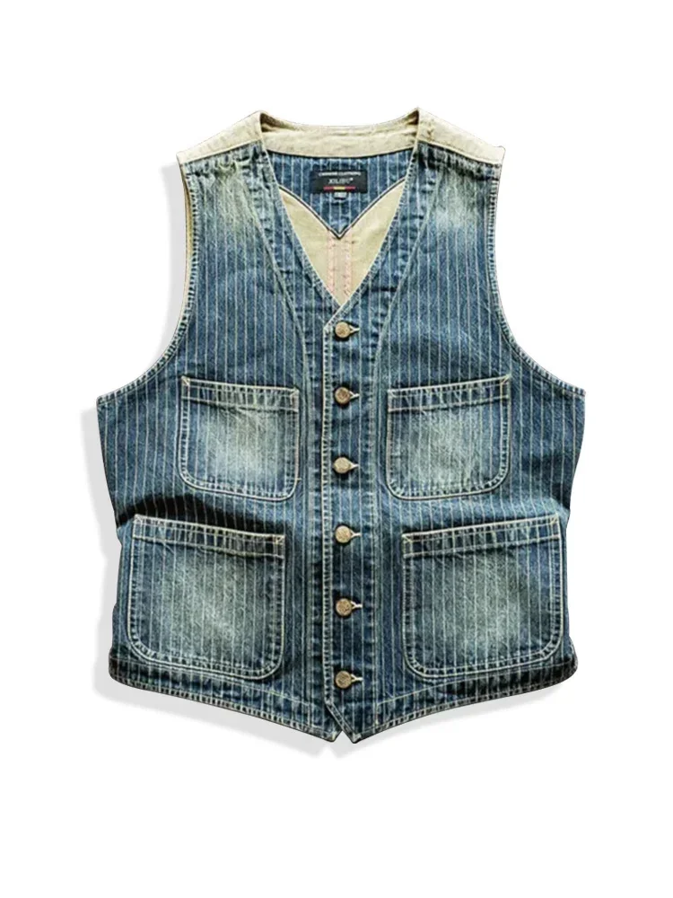 Men's Amekaji Wear Clothes Striped Denim Color Matching Vest Casual American Retro Good Quality Washed Distressed