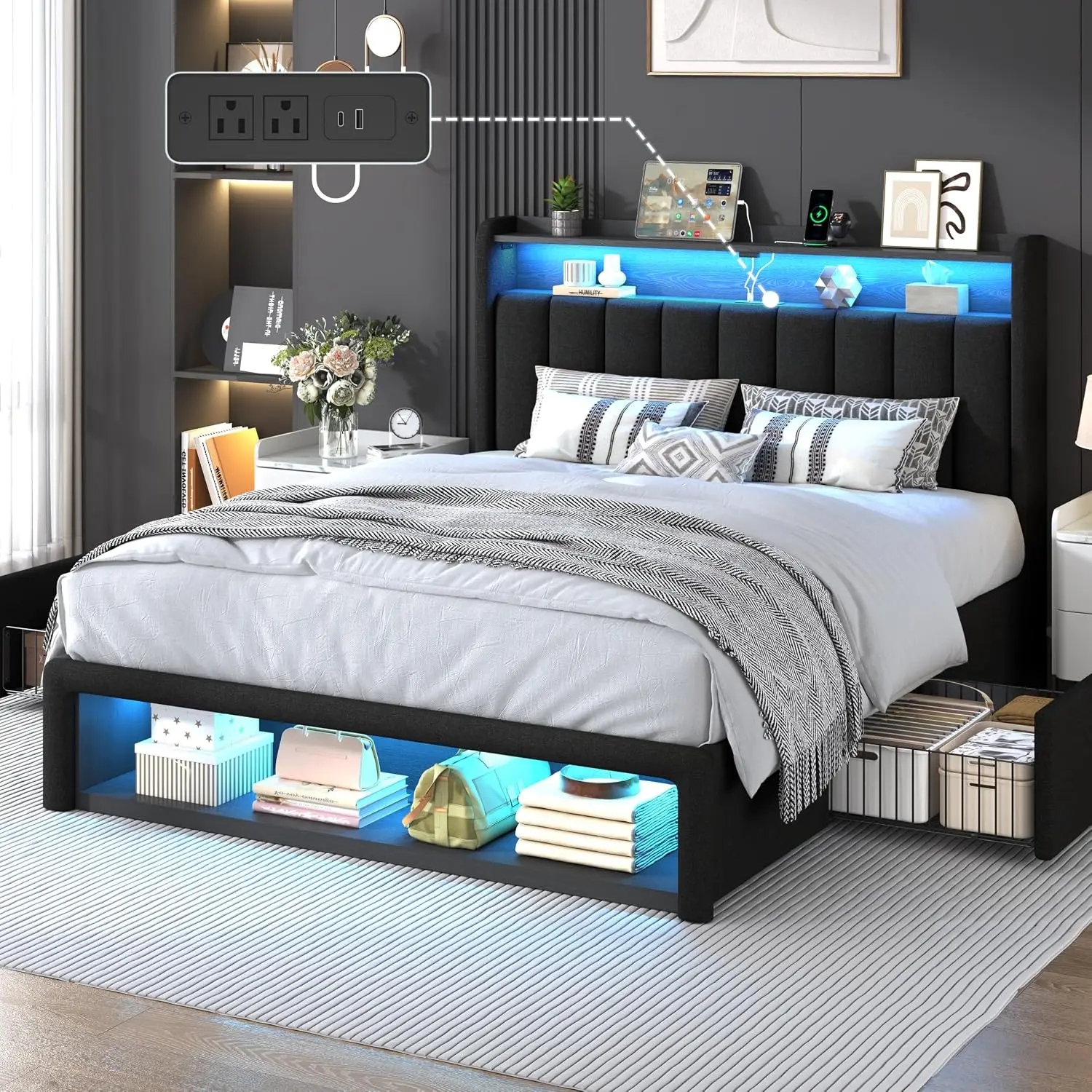 Queen Bed Frame with LED Wingback Headboard, Charging Station | 2 Fabric Drawers & Footboard Cubbies, Storage, Customized