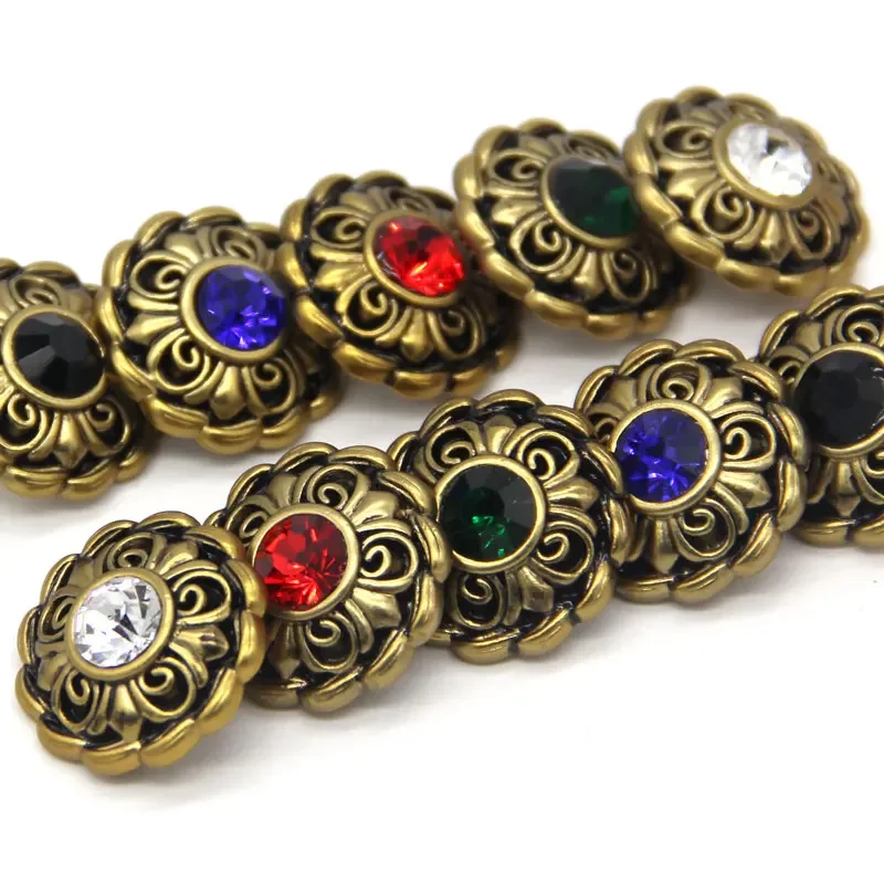 6pcs Antique Colorful Flower Bronze Rhinestones Buttons For Clothes Chic Suit Blazer Party Dress Handmade Decorations DIY Crafts