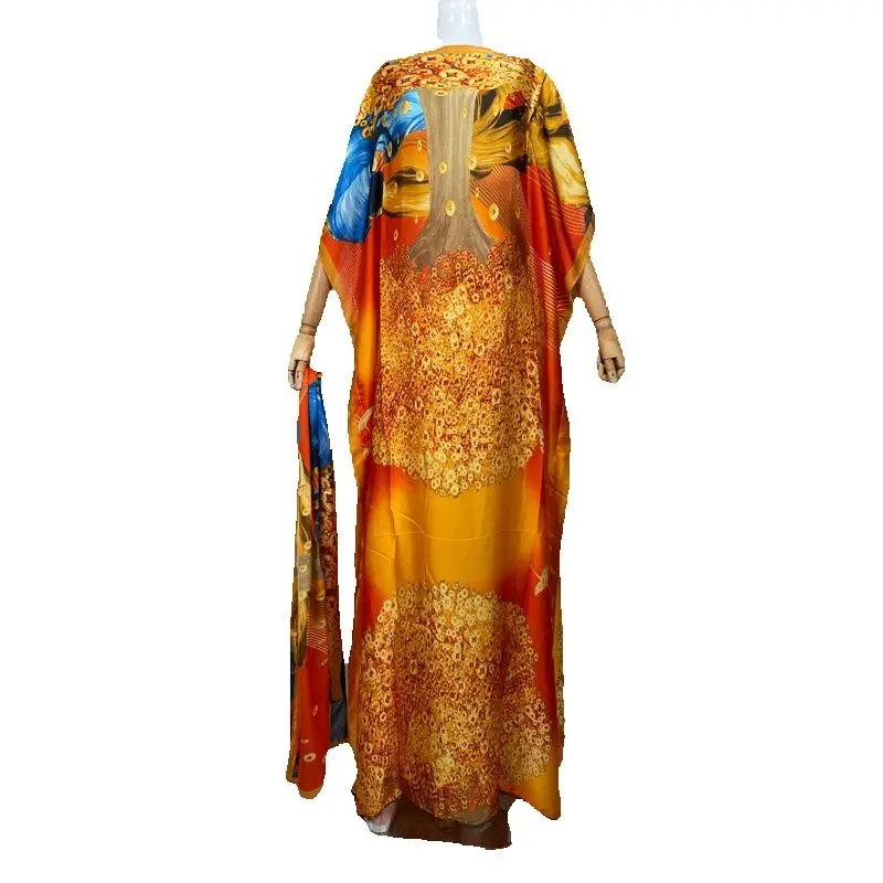 2023 African Women Bohemian Silk Printed Long Dress With Scarf Summer Promotion Muslim Lady Quality Robe Kaftan Dress