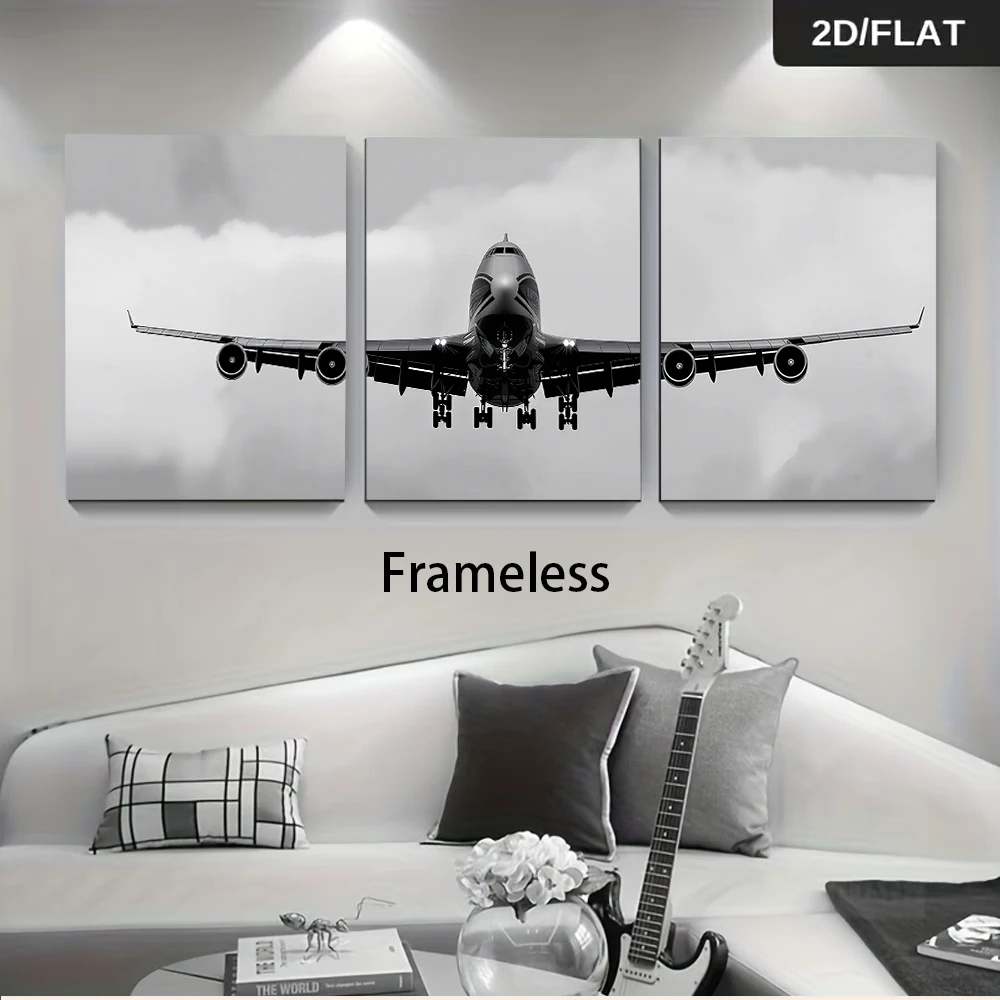 1 set of modern minimalist black and white airplane triptych frameless decorative paintings for office walls, 2D flat design.