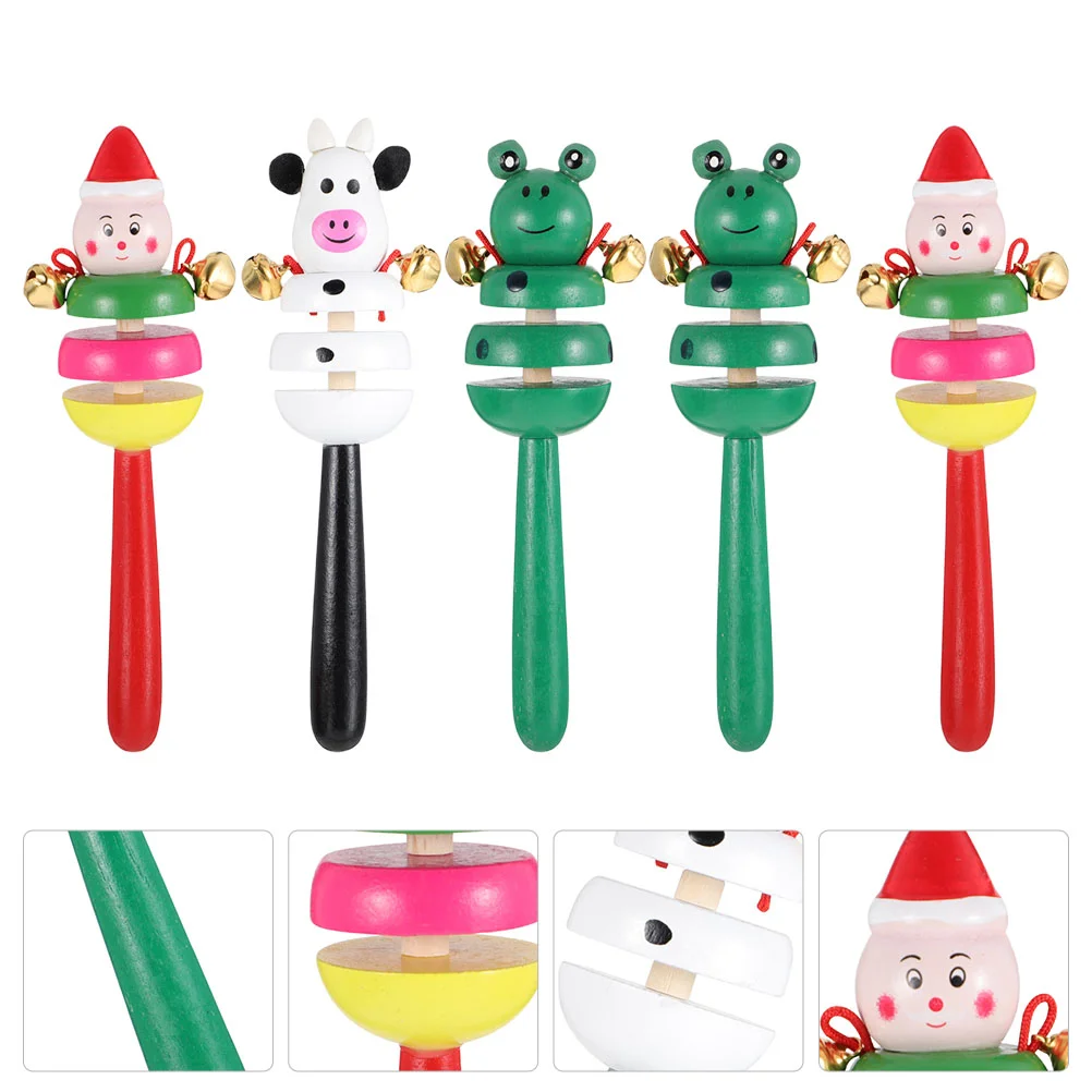 5 Pcs Rattle The Bell Educational Playthings Hand Bells for Kids Wooden Toys Cartoon Rattles Baby