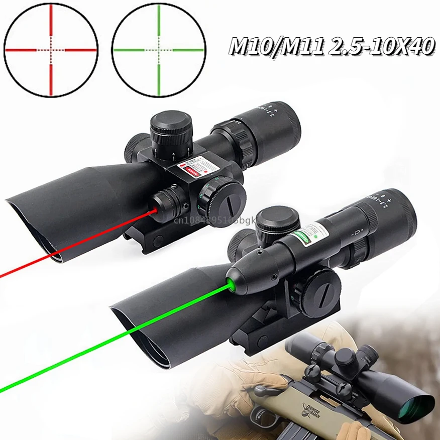 

M10 2.5-10x40E Red & Green Illuminated Rifle Scope Mil-dot Scope Green Laser Combo with Pressure Switch Tactical Hunting Sight