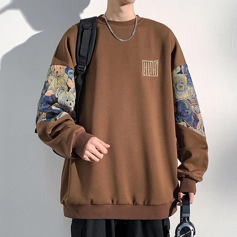 Autumn New Men\'s Sweatshirts Bear Parttern Patchwork Oversized Male Clothing Embroidery Design Round Neck Pullover Tops