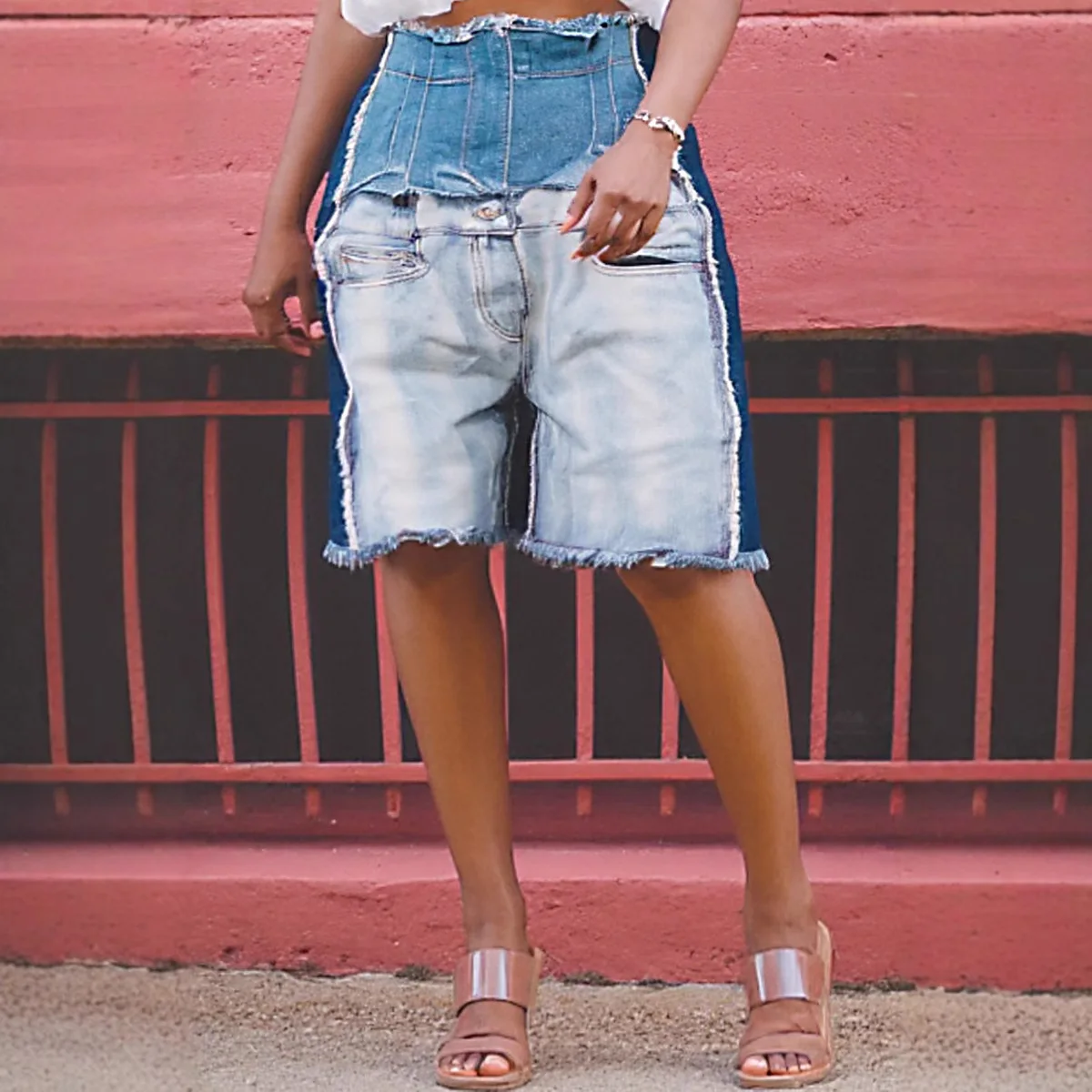 

Straight Jeans Women Knee Length Short Pants Patchwork High Waist Washed Distressed Denim Mom Jeans Summer 2025 Streetwear