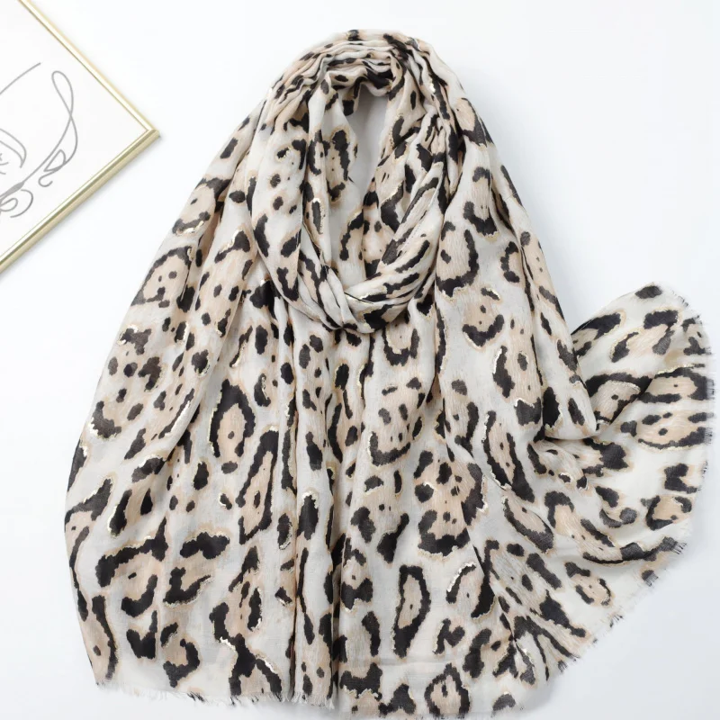 

Gold Stamping Original Leopard Print Satin Cotton Printed Long Scarf Factory Sale Foreign Trade Cross-Border Live Streaming Trav