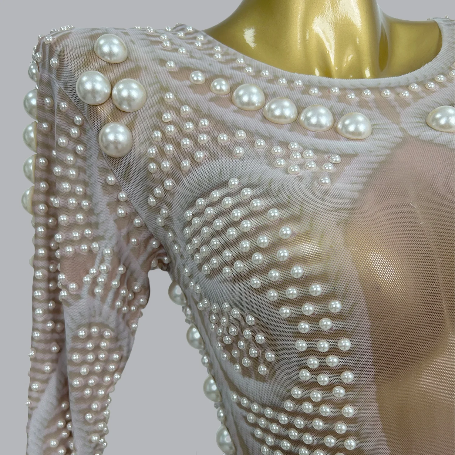 Robe longue en maille transparente pour femmes, perles blanches scintillantes, Sexy, fente latérale haute, vêtements de soirée, de Club, Costumes de bal sur scène