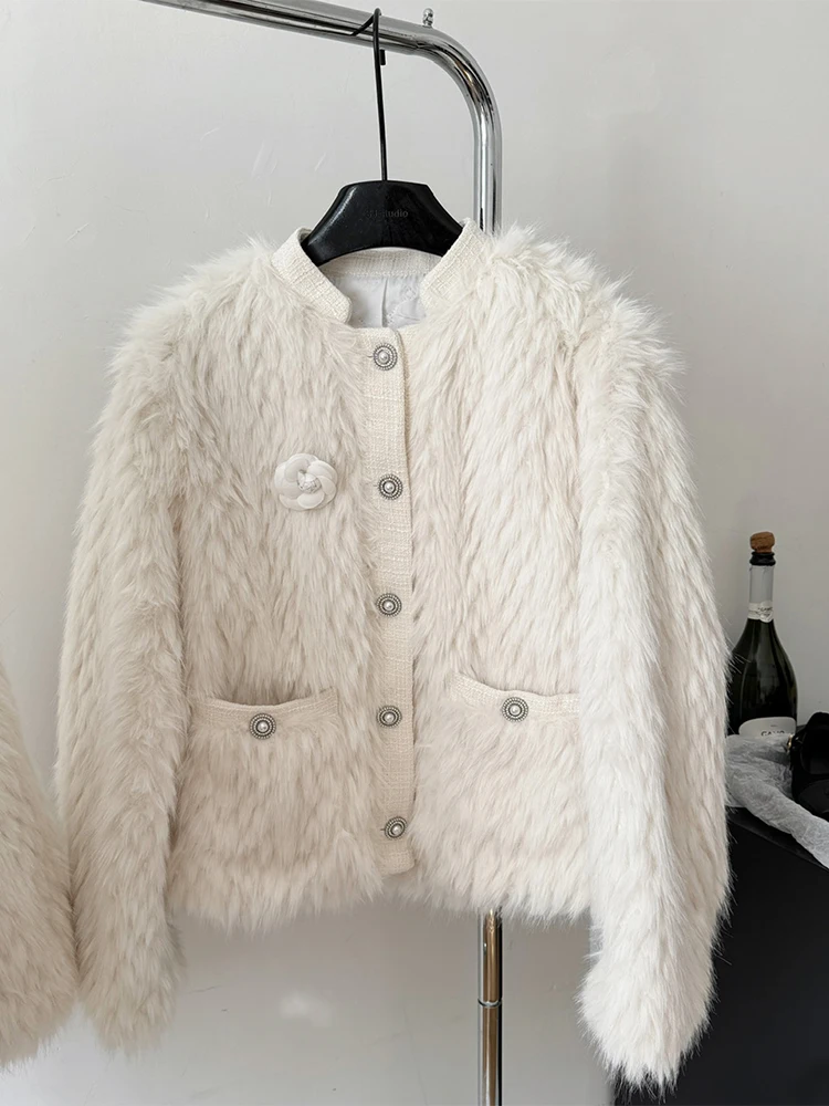 Abrigo de piel de conejo de imitación blanco para mujer, chaqueta Retro gruesa y cálida a la moda, abrigo holgado de manga larga, abrigos de peluche de felpa, ropa de invierno