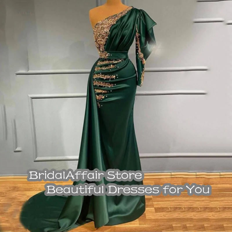 BridalAffair Chic Mermaid PromDress One Shoulder Beaded Lace Long Sleeves Green Satin Arabic Muslim Formal Party Dresses