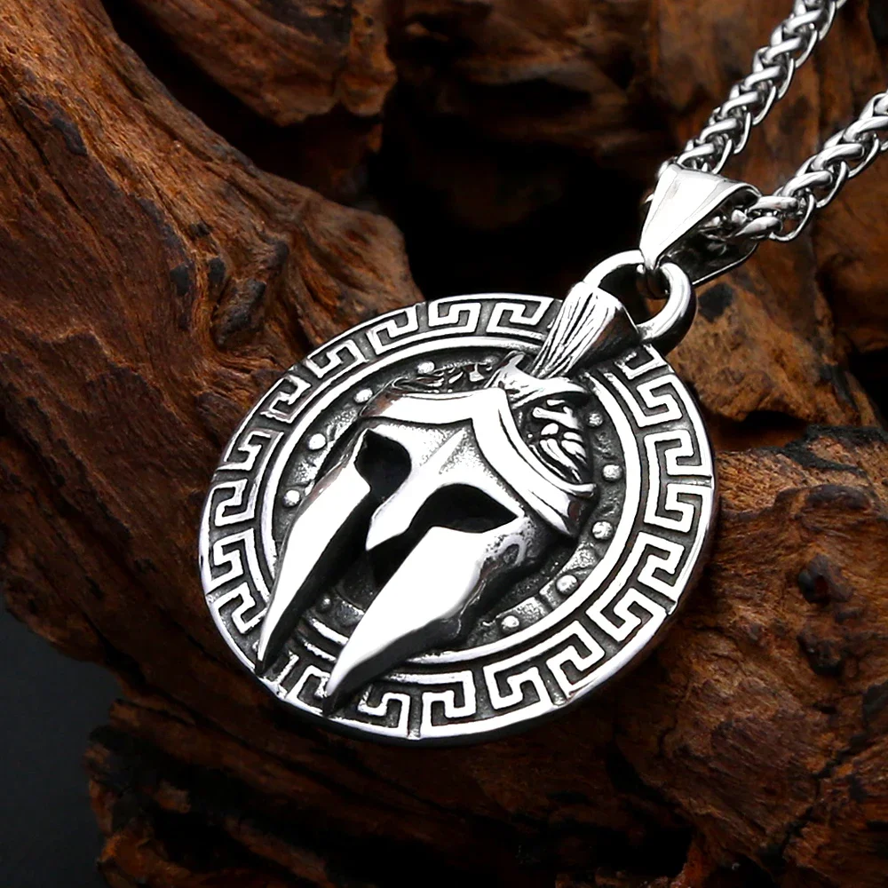 Vintage Spartan Helmet Stainless Steel Pendant Necklace Greek Warrior Charm Ancient Greek Pattern Amulet Jewelry For Men