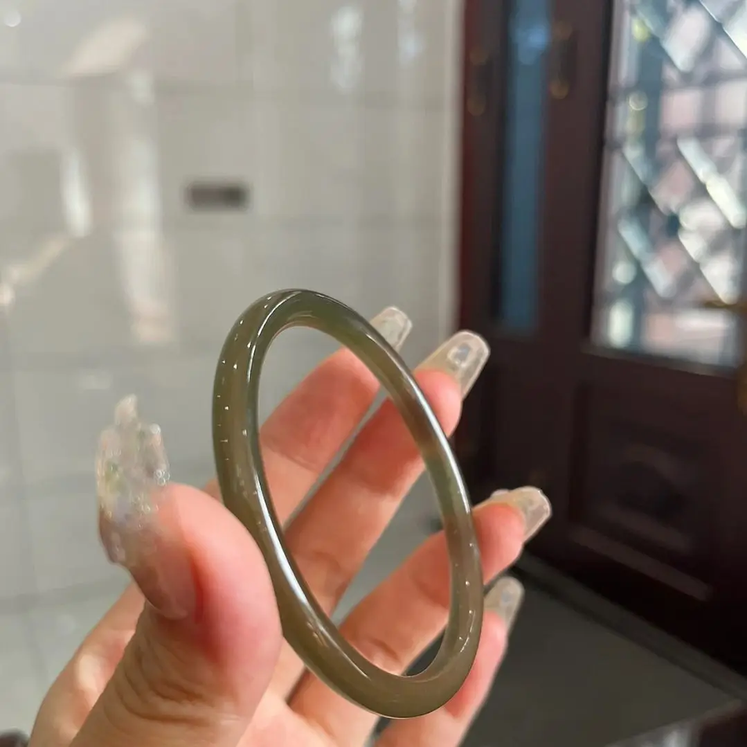 

New 2026 Bitter Tea Color Olive Green Agate Chalcedony Women'S Yuanshan Dai Thin Round Bar Transparent Ding Dong Bracelet