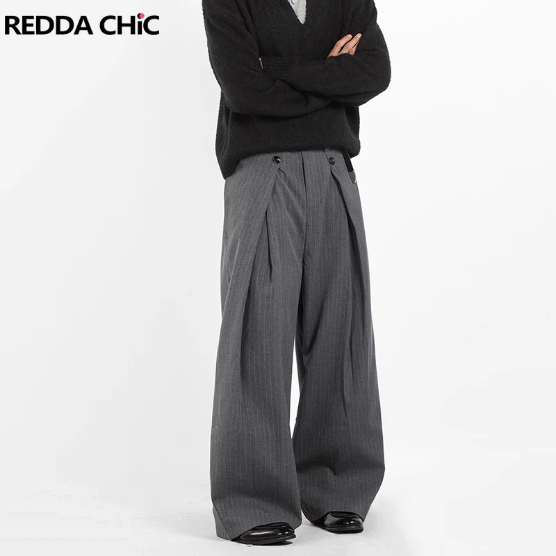 REDDACHiC الرجال سروال فستان مخطط جيوب الطيات منخفضة الخصر كلينفيت واسعة الساق دعوى بنطلون الترفيه العمل قيعان للجنسين عادية #1