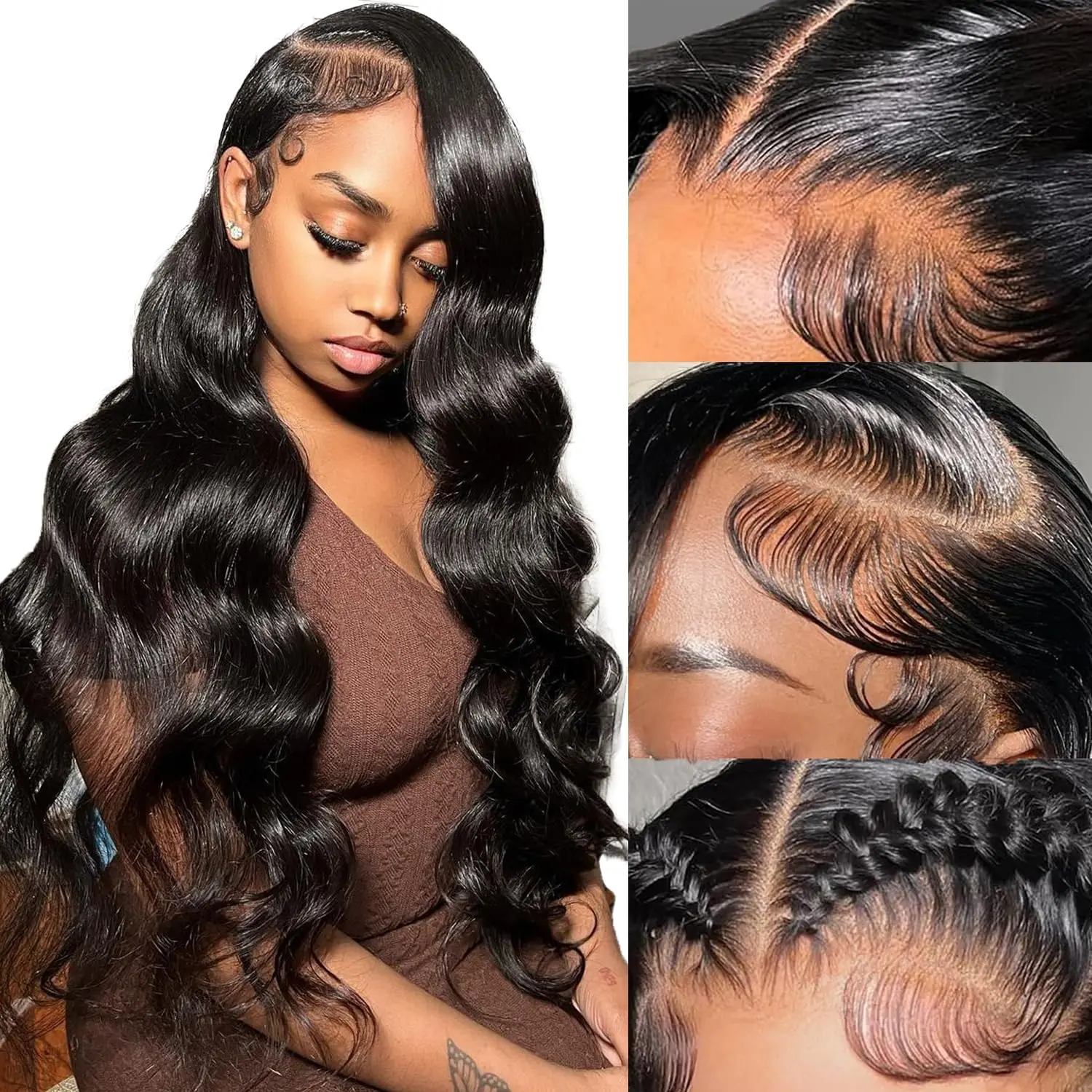 Natural Black Human Hair Wigs Body Wave HD Transparent 13x6 Lace Frontal Wig Pre Plucked Bleached Knots Lace Front Wig