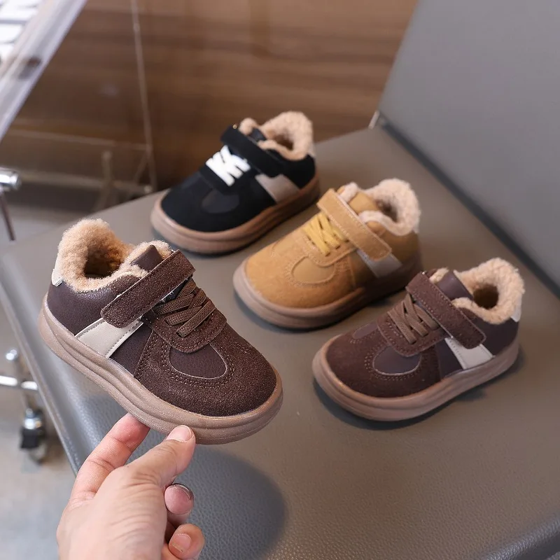 New Boys Girls Winter Fleece-lined Casual Shoes Children Non-slip Warm Cotton Shoes Baby Shallow-ankle Sneakers Kids Comfortable