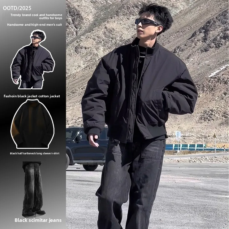

Bla Stand Collar Workwear Jaet Cotton Suit Men's High-End Winter Tee-Piece Set Long Sve Polyester Fiber Youth Faion