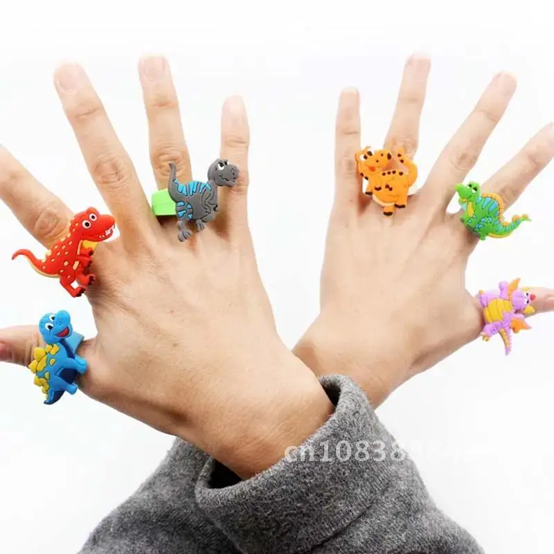 

6pcs Cartoon Dinosaur Rubber Rings Party Favors Happy Birthday Party Decorations Kids Toy Gift Tropical Jungle Party Supplies