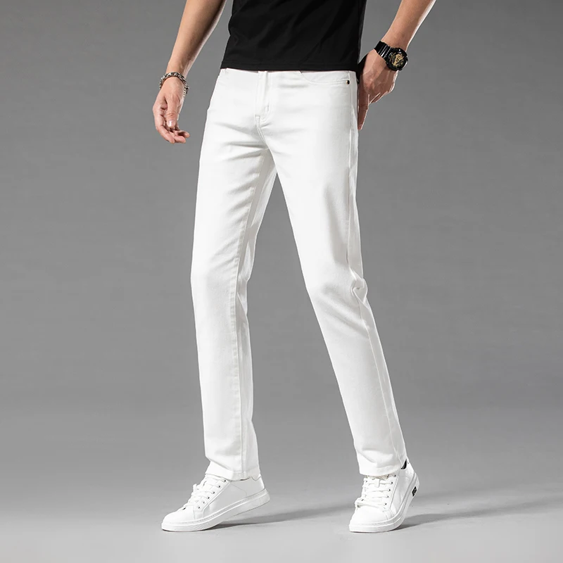 Summer New 98% Cotton Men\'s Casual Jeans White Classic Fashionable Stretch Straight Denim Trousers Black Brand Clothing Male