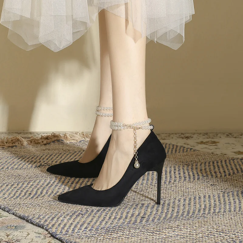 

Black high heels for 18year-old female coming of age ceremony 2026 new suede hollow toe sandals with thin heels and pointed tips