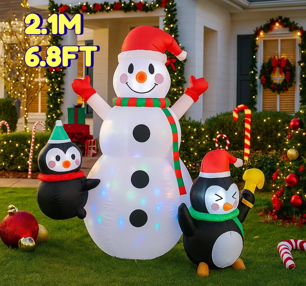 6.8ft led decoração brinquedo natal ao ar livre decoração brinquedo decorações de natal inflável boneco de neve e pinguins brinquedos casa quintal ornamentos