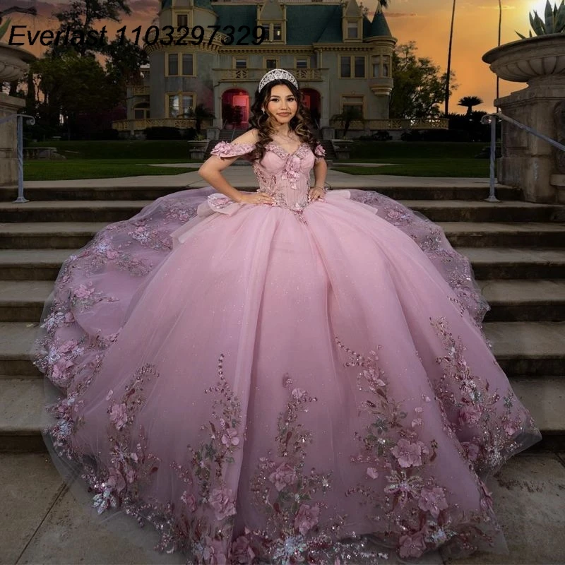 

EVLAST, мексиканское блестящее розовое платье Quinceanera, бальное платье, 3D Цветочная аппликация, тюль с бусинами кристаллами Sweet 15 Vestido De 15 лет TQD581