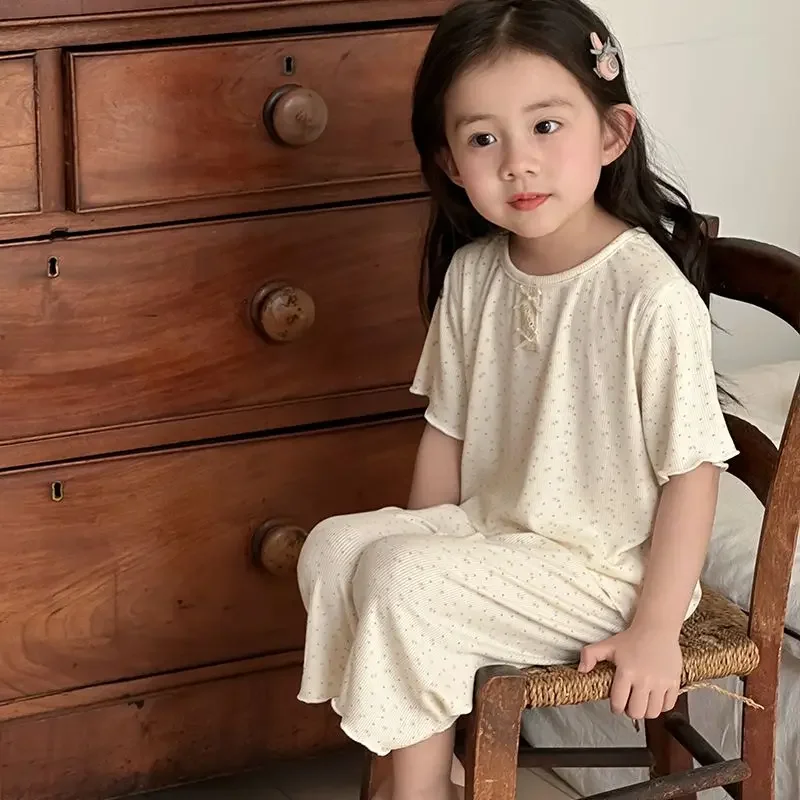Girls Summer Ice Silk Pajamas Set Short Sleeve Long Pants Sweet Cute Baby Loungewear for Air Conditioning