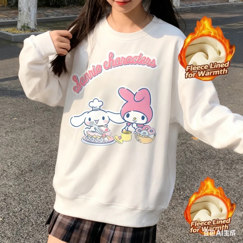 

2025 Sanrio Series Printed Crew Neck Long-Sleeve Top, Cute and Warm Fleece-Lined Crew Neck Long-Sleeve T-Shirt, 100% Cotton